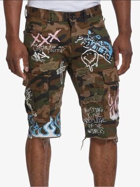Smoke Rise Camo Graffiti Long Shorts School Streetwear Men’s Size 34 Distressed